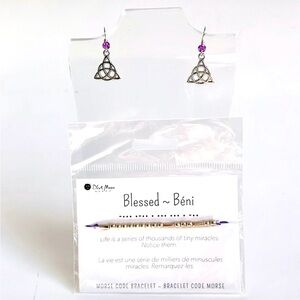 Silver Celtic Trinity Knot w/Purple Accent Earrings +Blessed Morse Code Bracelet